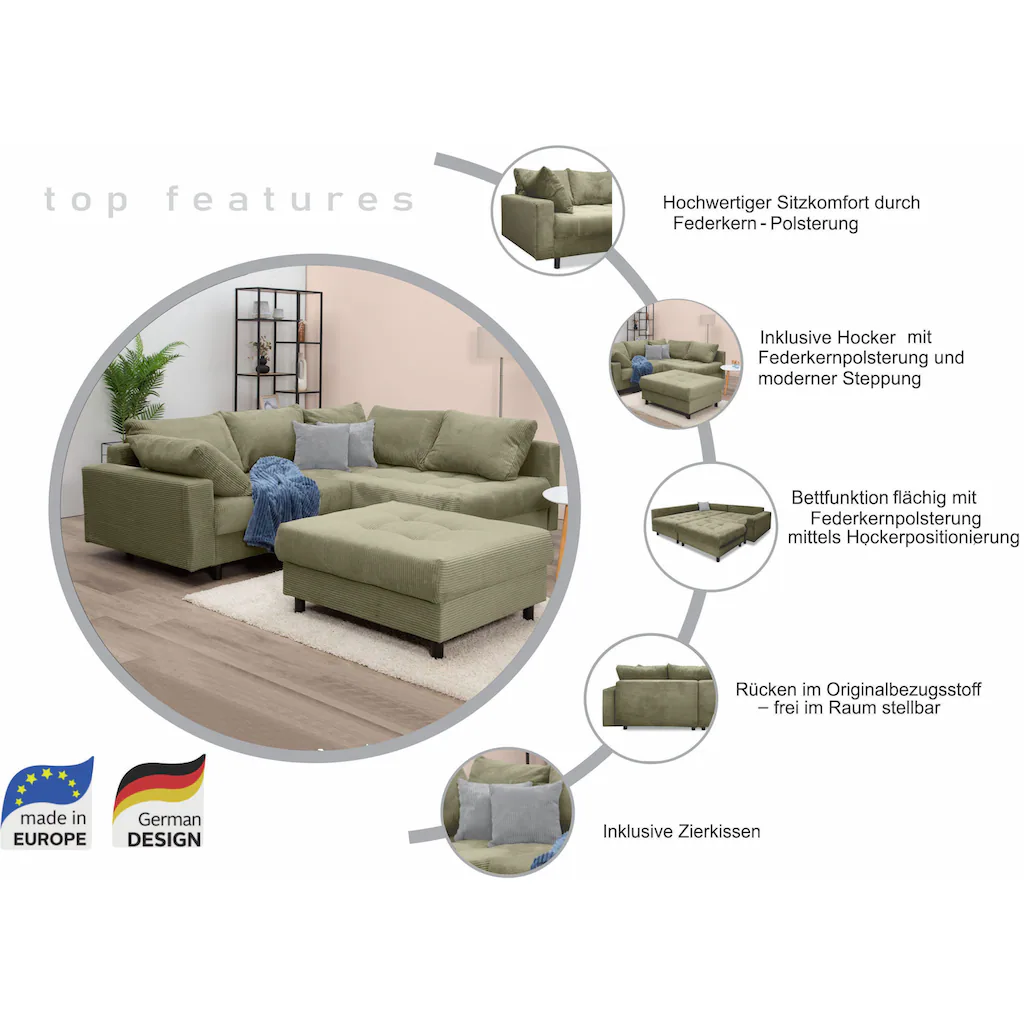 Home affaire Ecksofa Toni L-Form, inklusive Hocker und RÂ¨Â¹ckenkissen