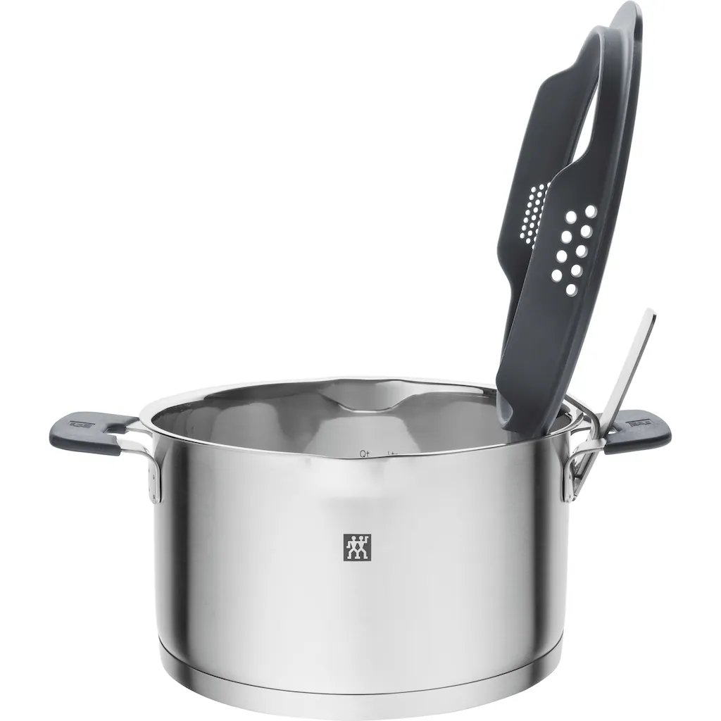 Zwilling Topf-Set ?Simplify?, Edelstahl 18/10, (Set, 9 tlg., je 1 Kochtopf ? 16/20/24 cm, 1 Bratentopf ? 20 cm, 1 Stieltopf ? 16 cm), Sandwichboden, Stay-Cool-Griffe, integriertes Sieb, (Glas)Deckelhalter